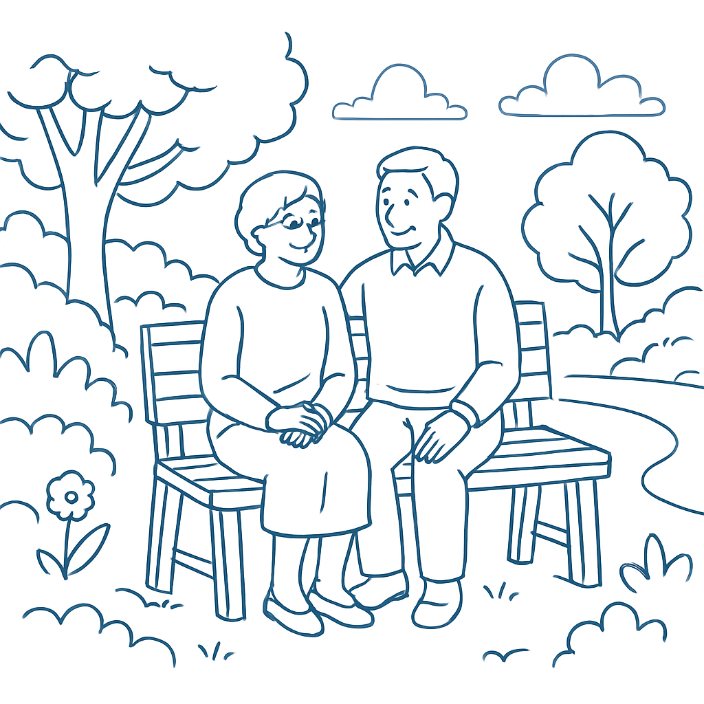 緑豊かな庭園で穏やかに過ごす高齢者の様子を示す画像